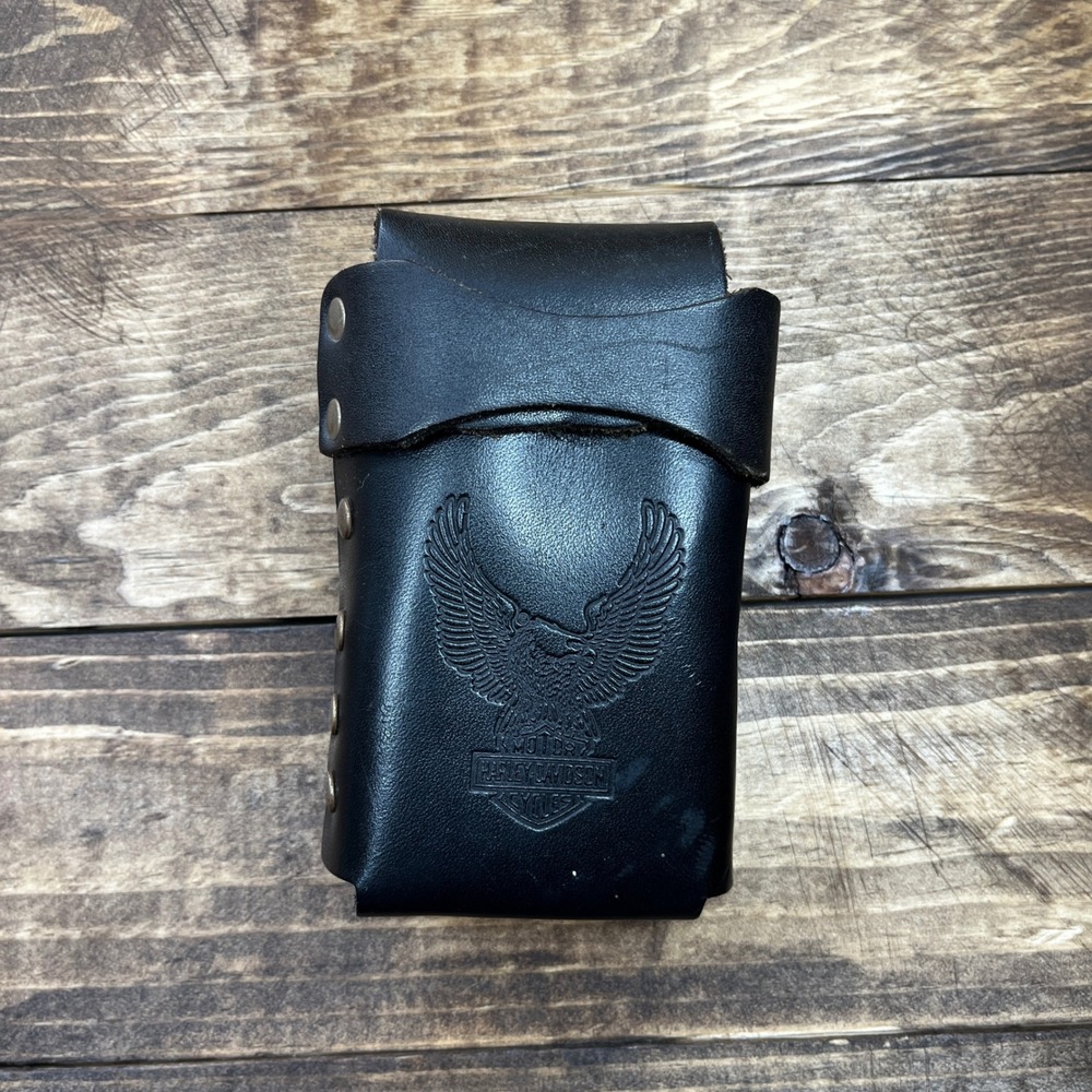 Harley Davidson Black Leather Belt Pouch Embossed Eagle Logo Biker Tool Case